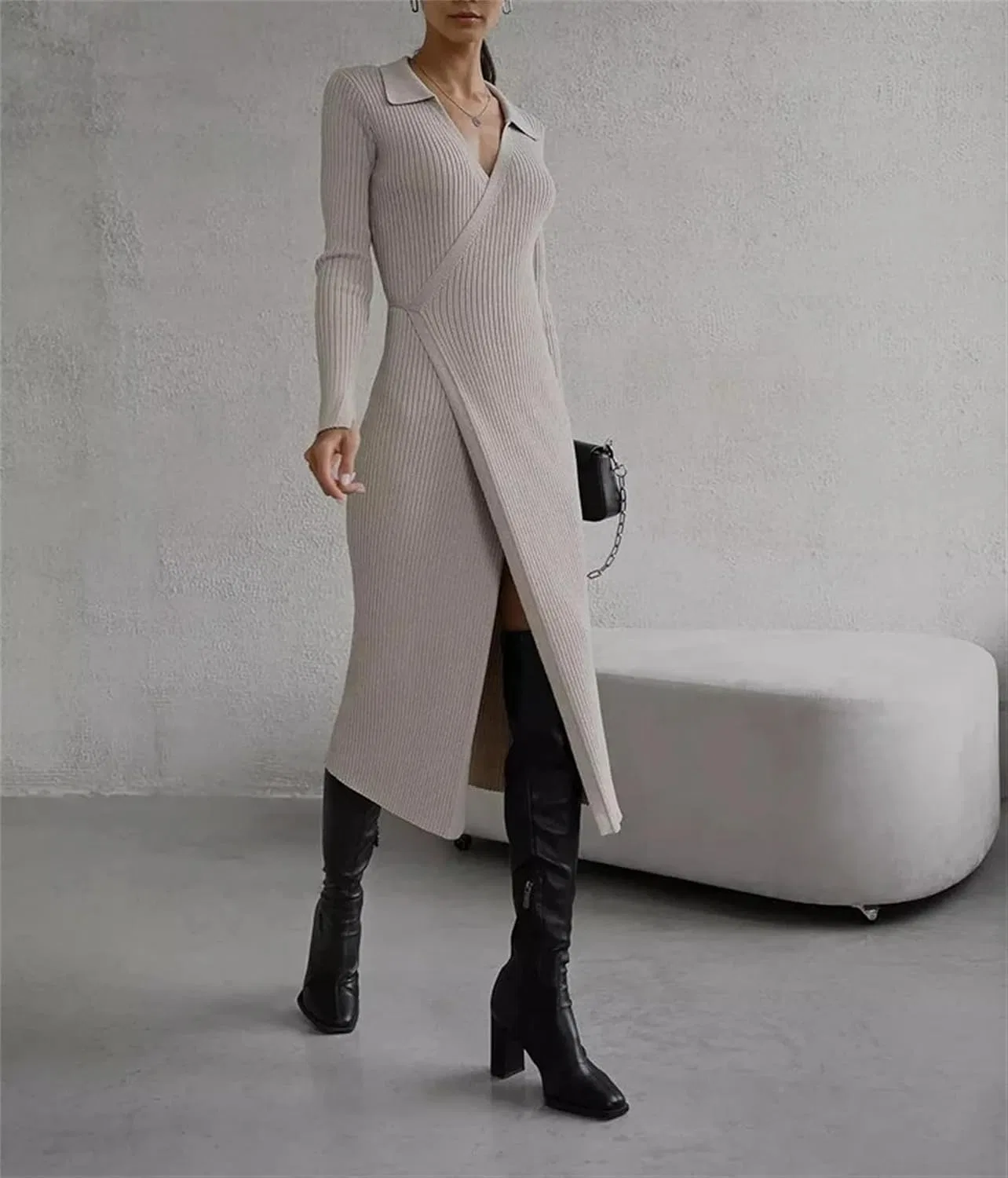 Женское облегающее платье-миди с поясом Knit, Gray — фото 3