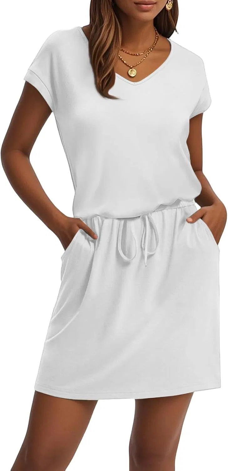Женское летнее мини-платье с V-образным вырезом и поясом, T-Shirt Dress, White — фото 4