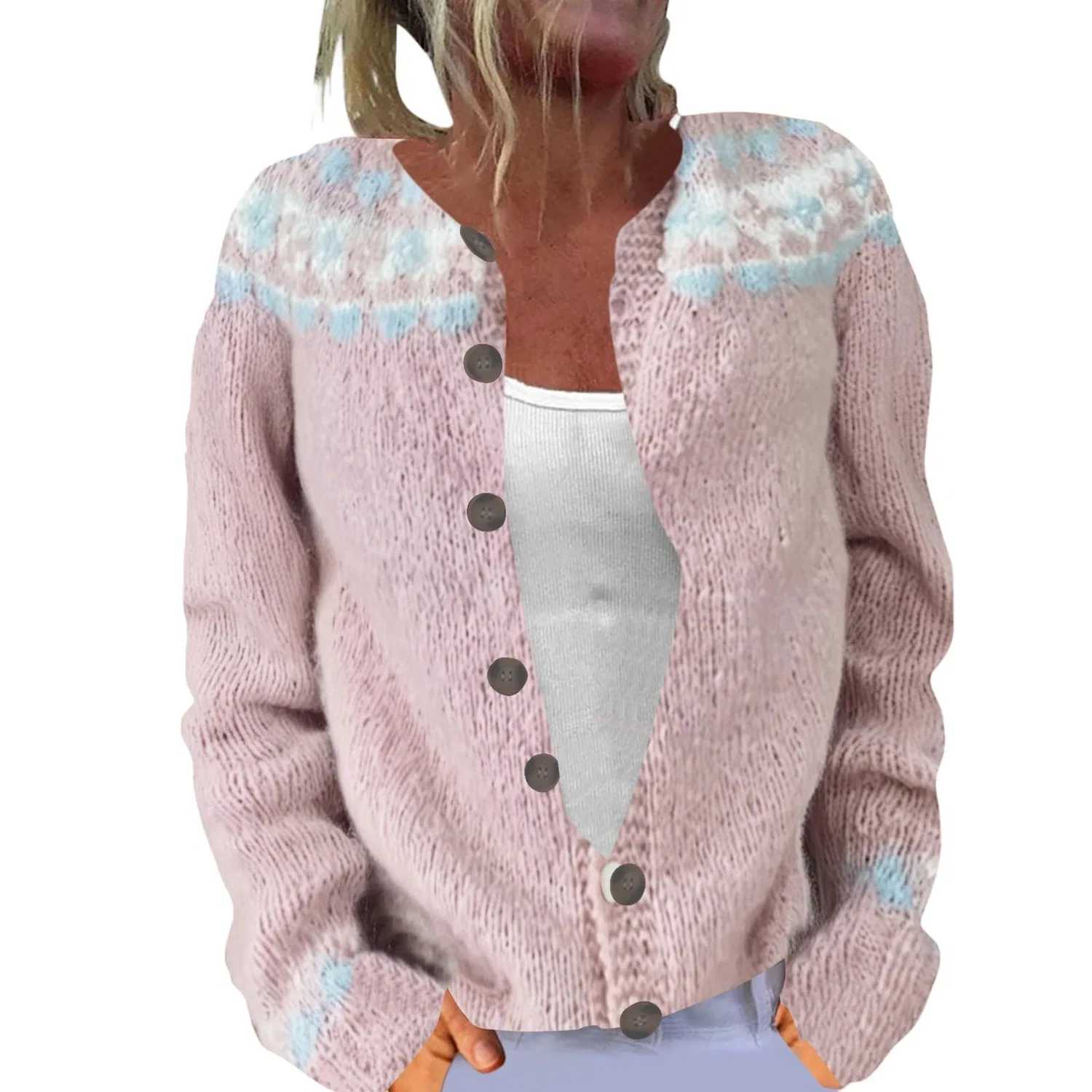 Женский кардиган с нордическим узором Fair Isle с длинным рукавом, Pink-c