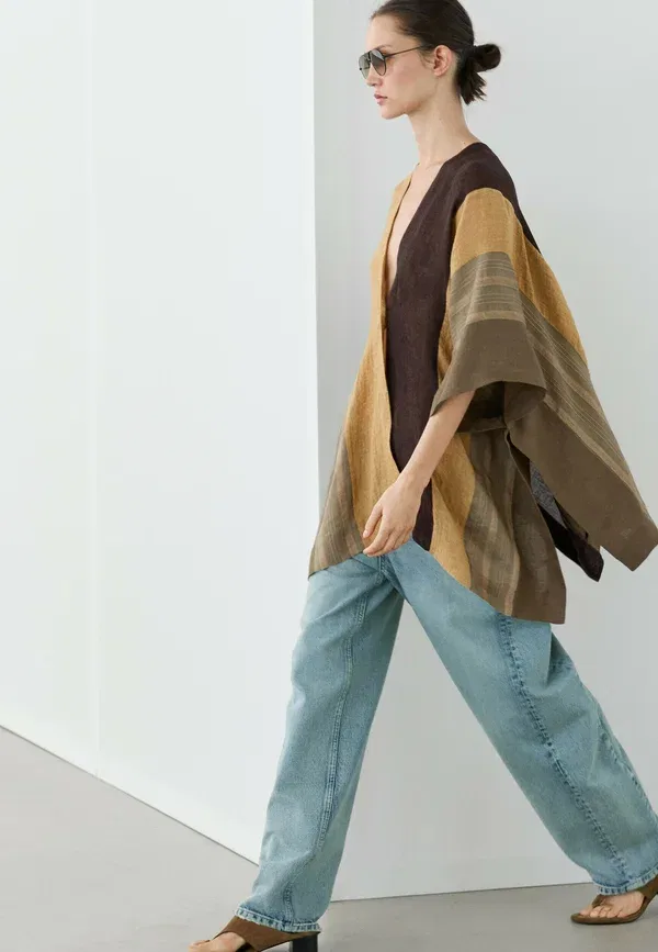 Пальто из льна и вискозы Cape Massimo Dutti, khaki, хаки — фото 4