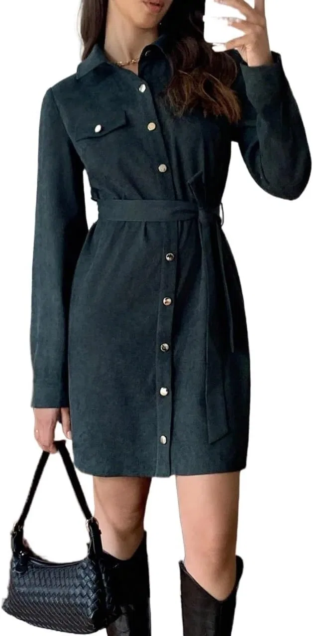 Женское повседневное платье-рубашка из вельвета с поясом, Dark Green