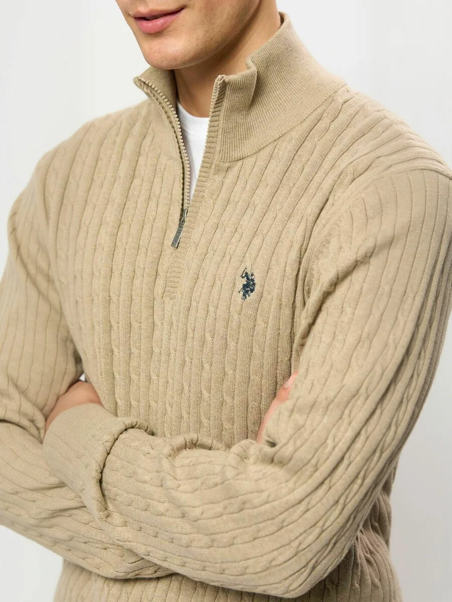 Свитер U.S. POLO ASSN. 'UMRomeo Half-zip' в бежевом цвете с пятнистым рисунком — фото 4