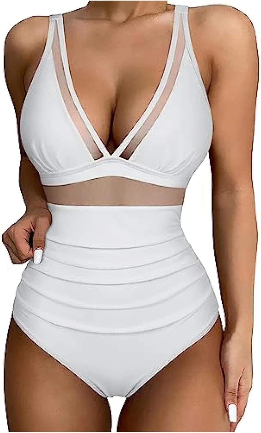Женский слитный купальник с утяжкой живота V-образным вырезом, White