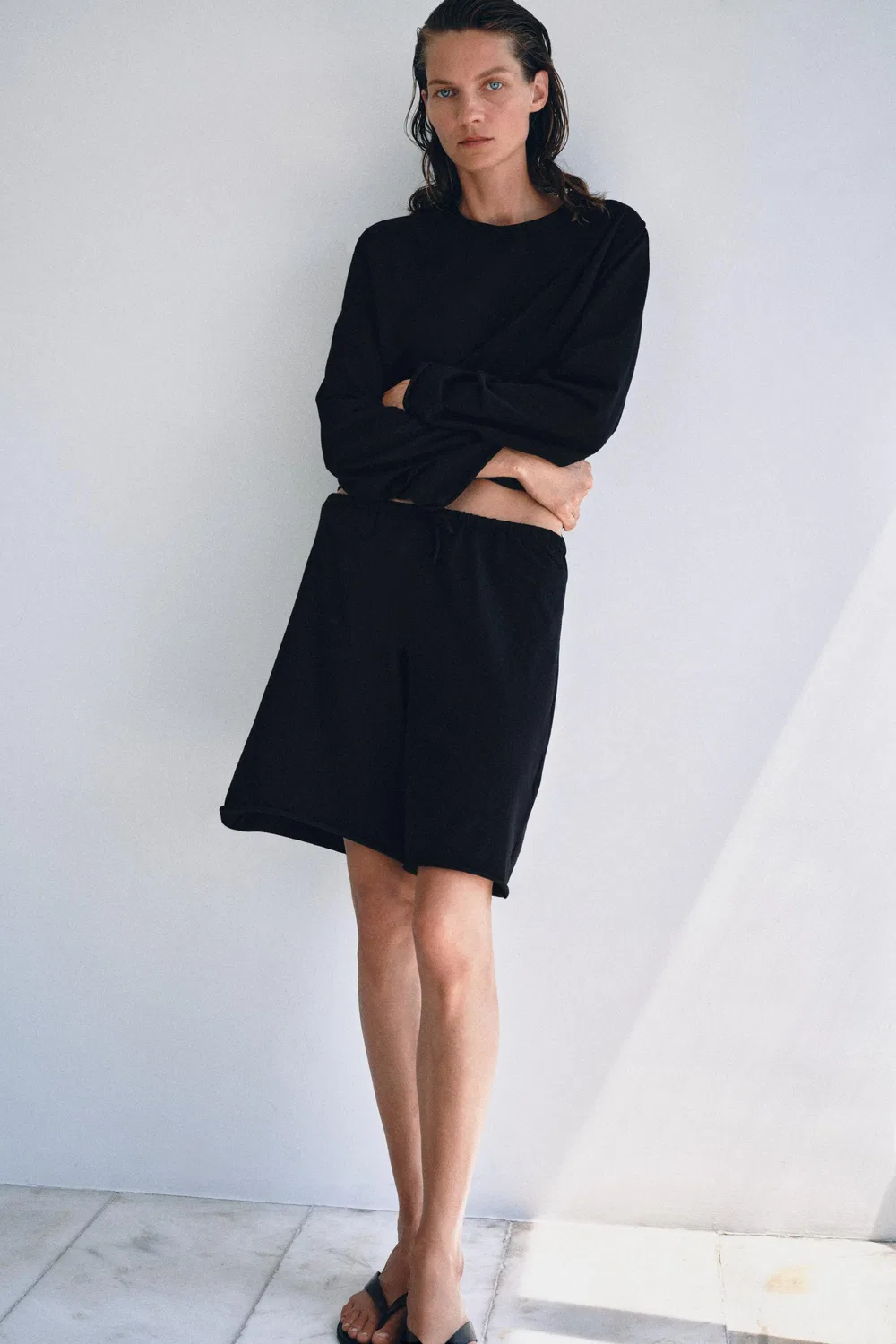 Хлопковые шорты-бермуды на шнуровке ZARA, Black — фото 2