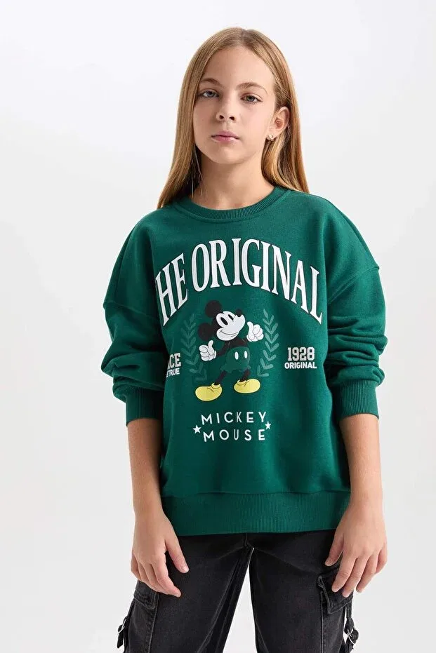 Детские свитшот для девочек с принтом Disney Mickey & Minnie Oversized Wide Fit Crew Neck Soft Fleece Defacto, Green