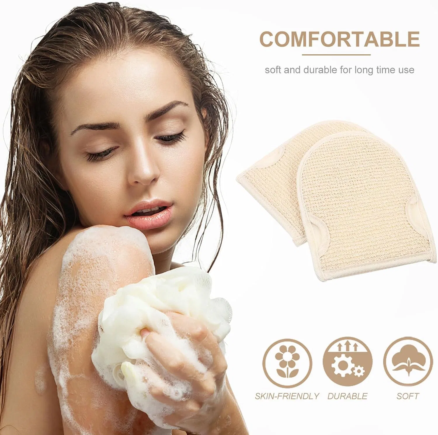 Пилинговые перчатки двусторонние из хлопка и льна, 2 шт, Beige Artibetter — фото 3