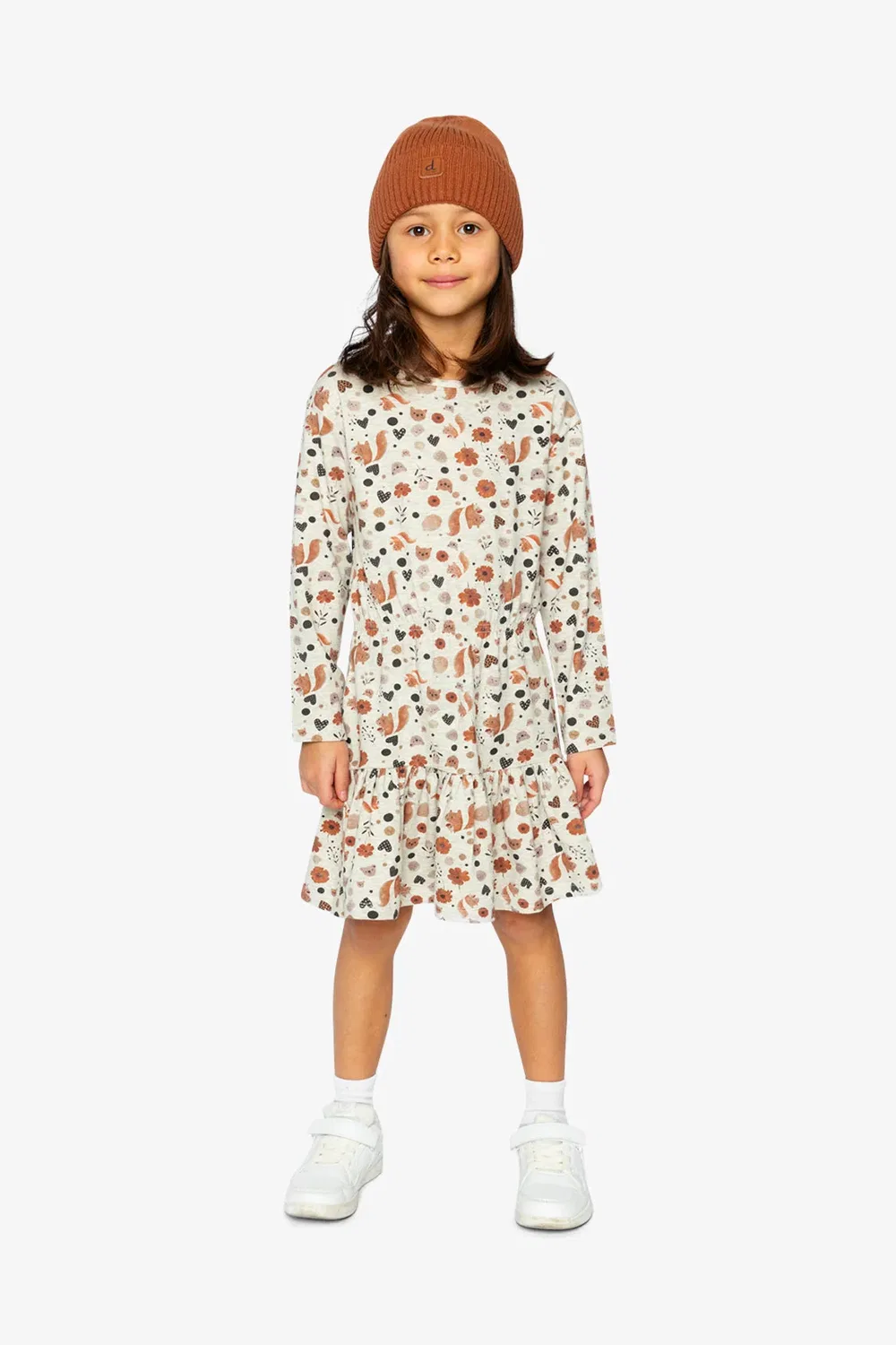 Детское платье для девочек с длинным рукавом с принтом Black Caramel Deux par Deux, Beige With Squirrel Print — фото 2