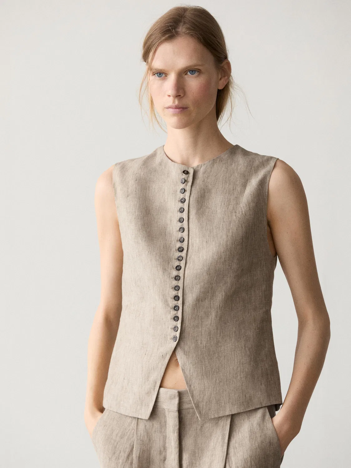 Жилет из меланжевой льняной ткани с пуговицами Massimo Dutti, бежевый — фото 3