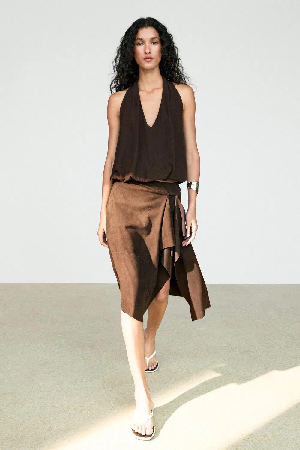 Юбка-миди Massimo Dutti Suede Leather With Ruffle Detail , коричневый