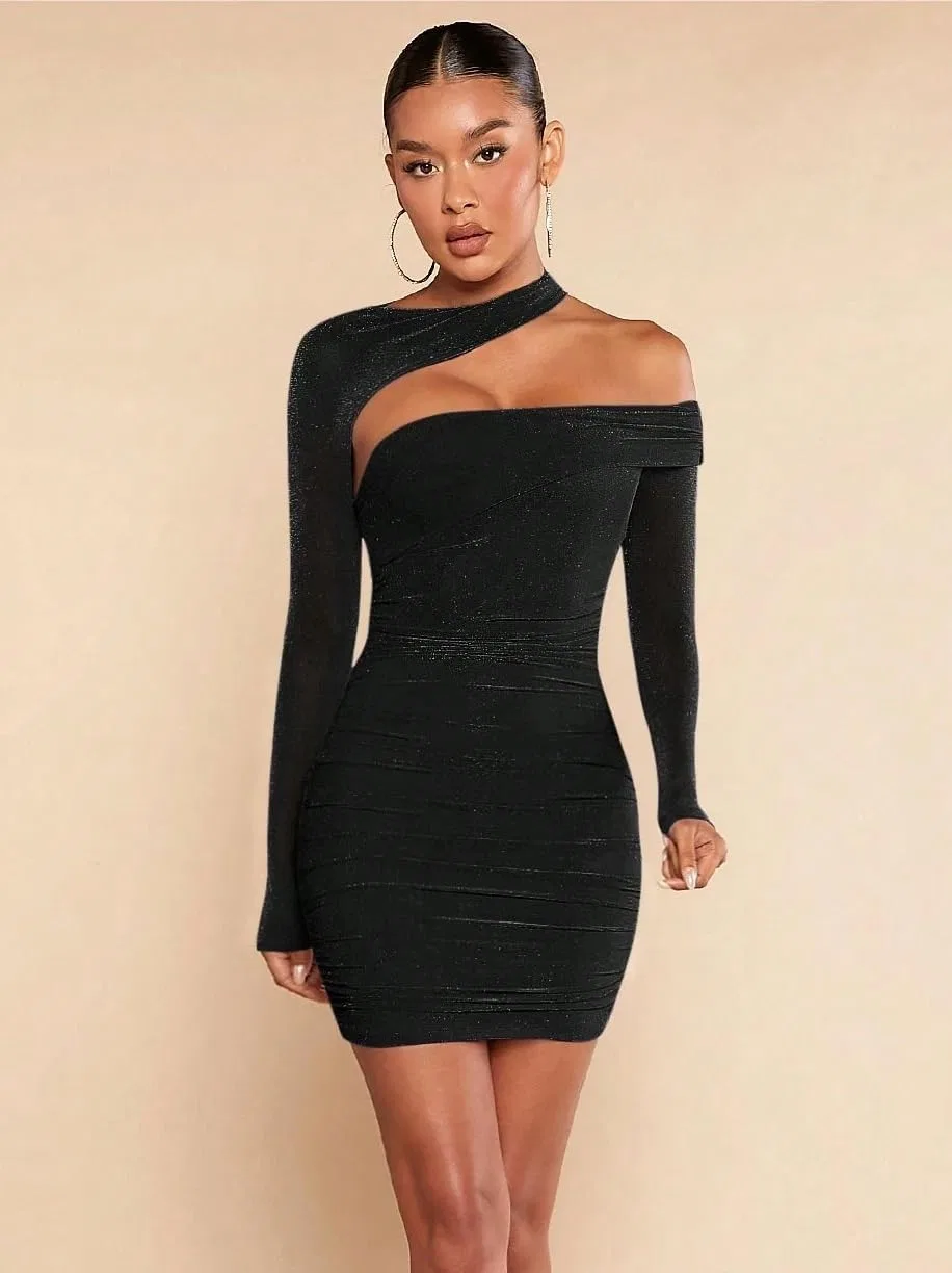 Женское облегающее мини-платье с асимметричным вырезом Bodycon, Black — фото 4
