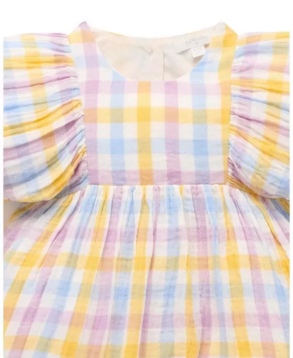 Детское платье для девочек с коротким рукавом Gathered Dress Purebaby, Lila Check — фото 2