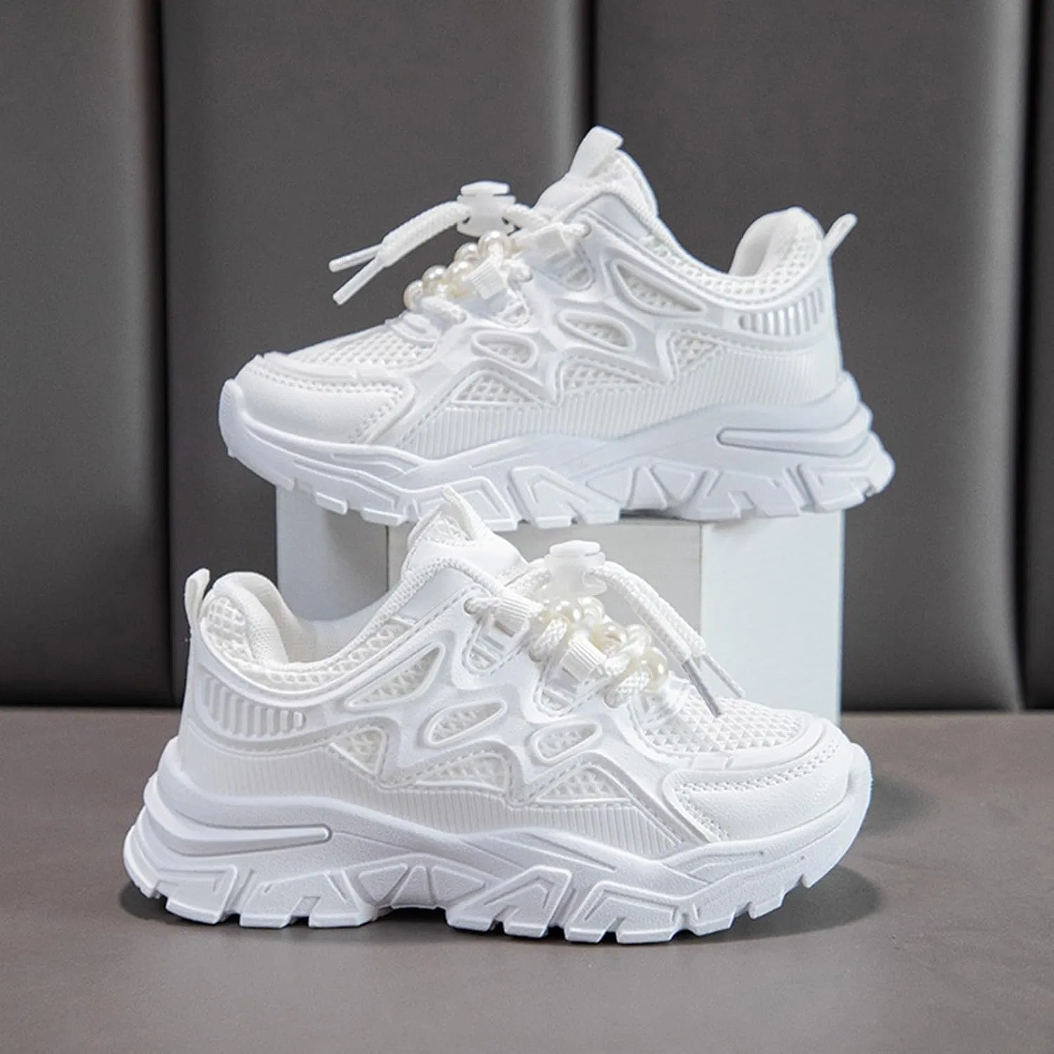 Детские кроссовки для девочек с шнуровкой, из сетки, White — фото 2
