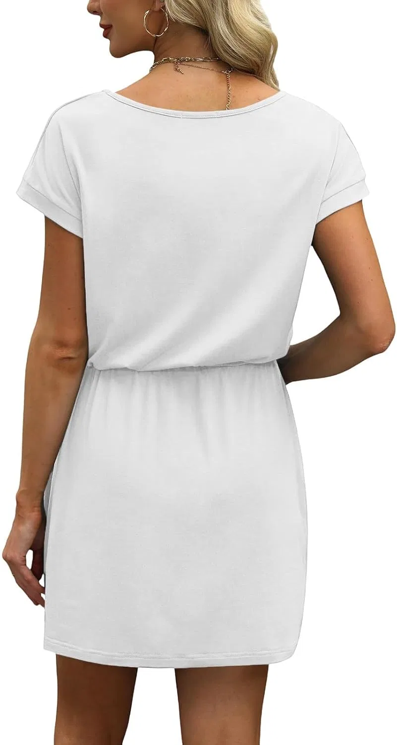 Женское летнее мини-платье с V-образным вырезом и поясом, T-Shirt Dress, White