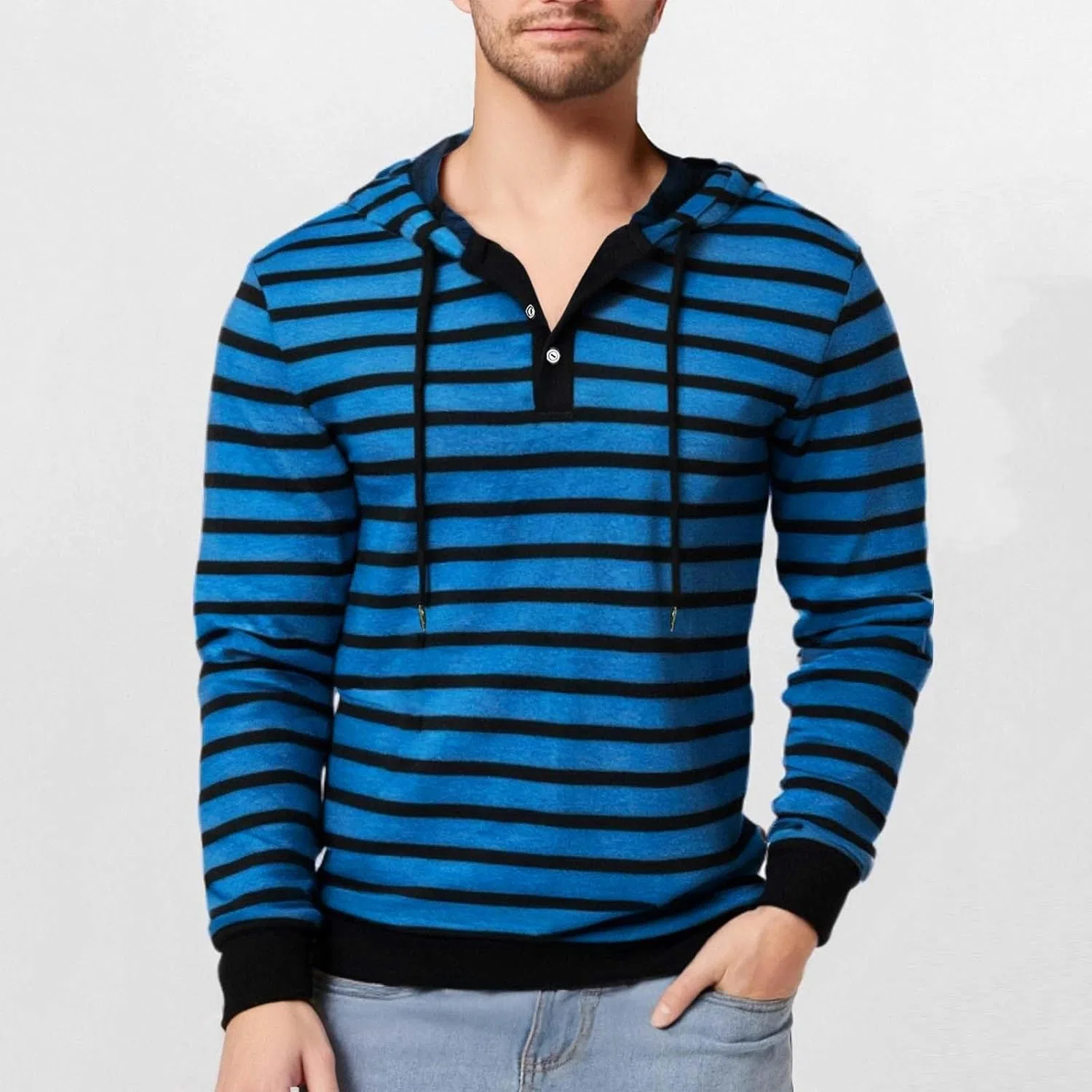 Мужская футболка с капюшоном и цветными блоками, Long Sleeve Shirts for Men, Blue — фото 2