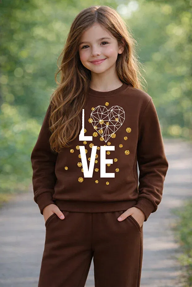Детские свитшот для девочек с принтом Premium Heart Printed Children's Sweatshirt 27030 Adabebek, Brown