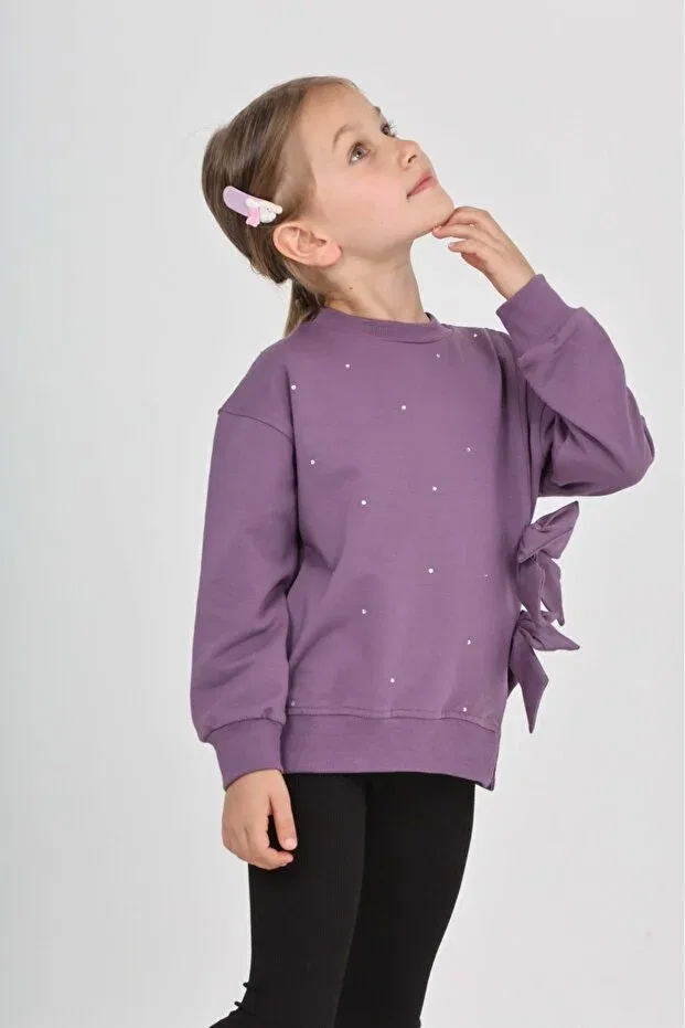 Детские свитшот для девочек с принтом Girl's Stoned Bow Sweatshirt Toontoy, Purple — фото 2