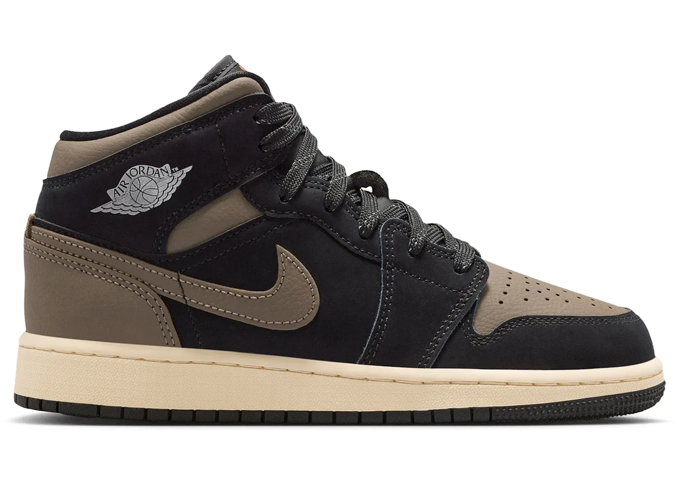 Детские кроссовки с высоким берцем Jordan 1 Mid SE Jordan, Black/Light Wild Mango/Muslin/Olive Grey
