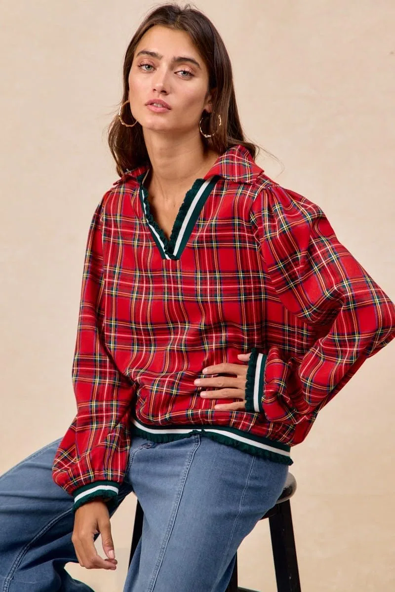 Женская рубашка с рюшами, Christmas Plaid, красный — фото 3