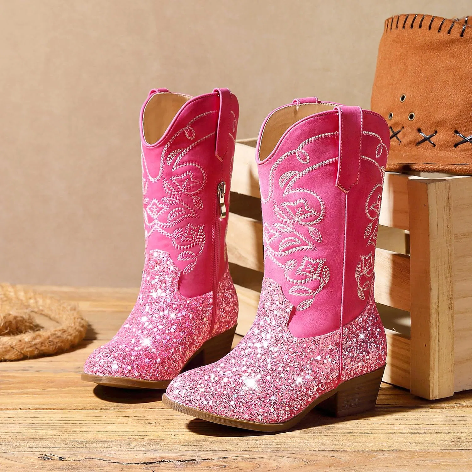Детские сапоги для девочек с вышивкой Cowgirl Boots LAURMOSA, Pink Sequins — фото 3