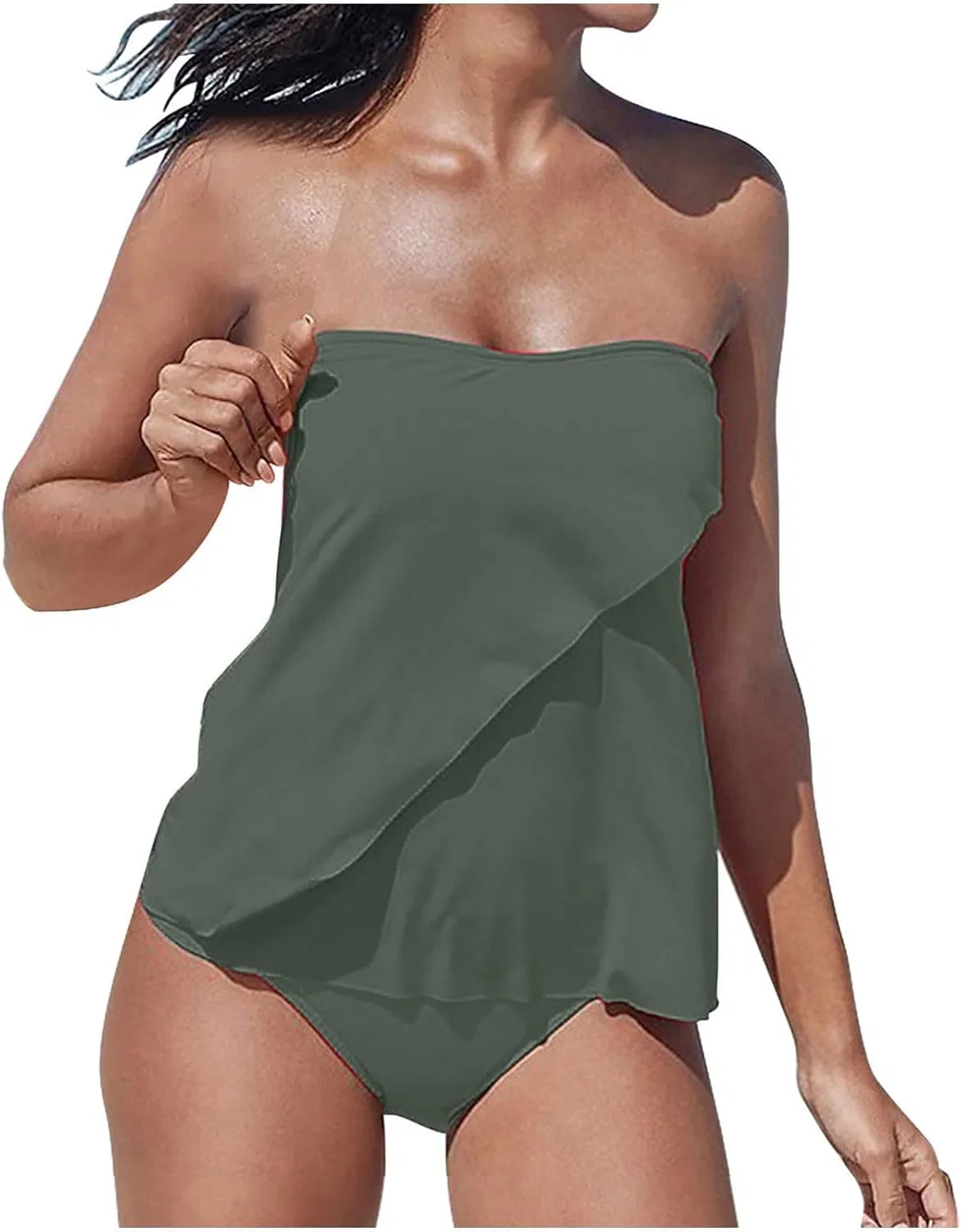 Женский танкини с бандо топом и утягивающими плавками, Army Green