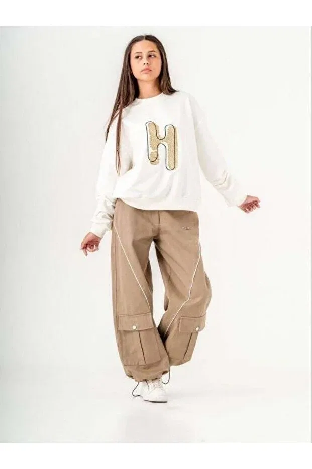 Детские свитшот для девочек с вышивкой Zekids, Ecru Khaki — фото 3
