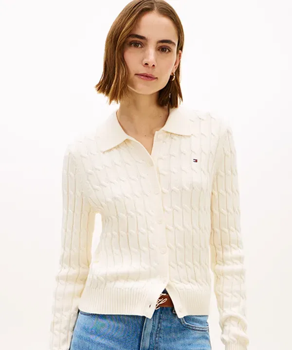 Кардиган поло кабельной вязки, Tommy Hilfiger, белый