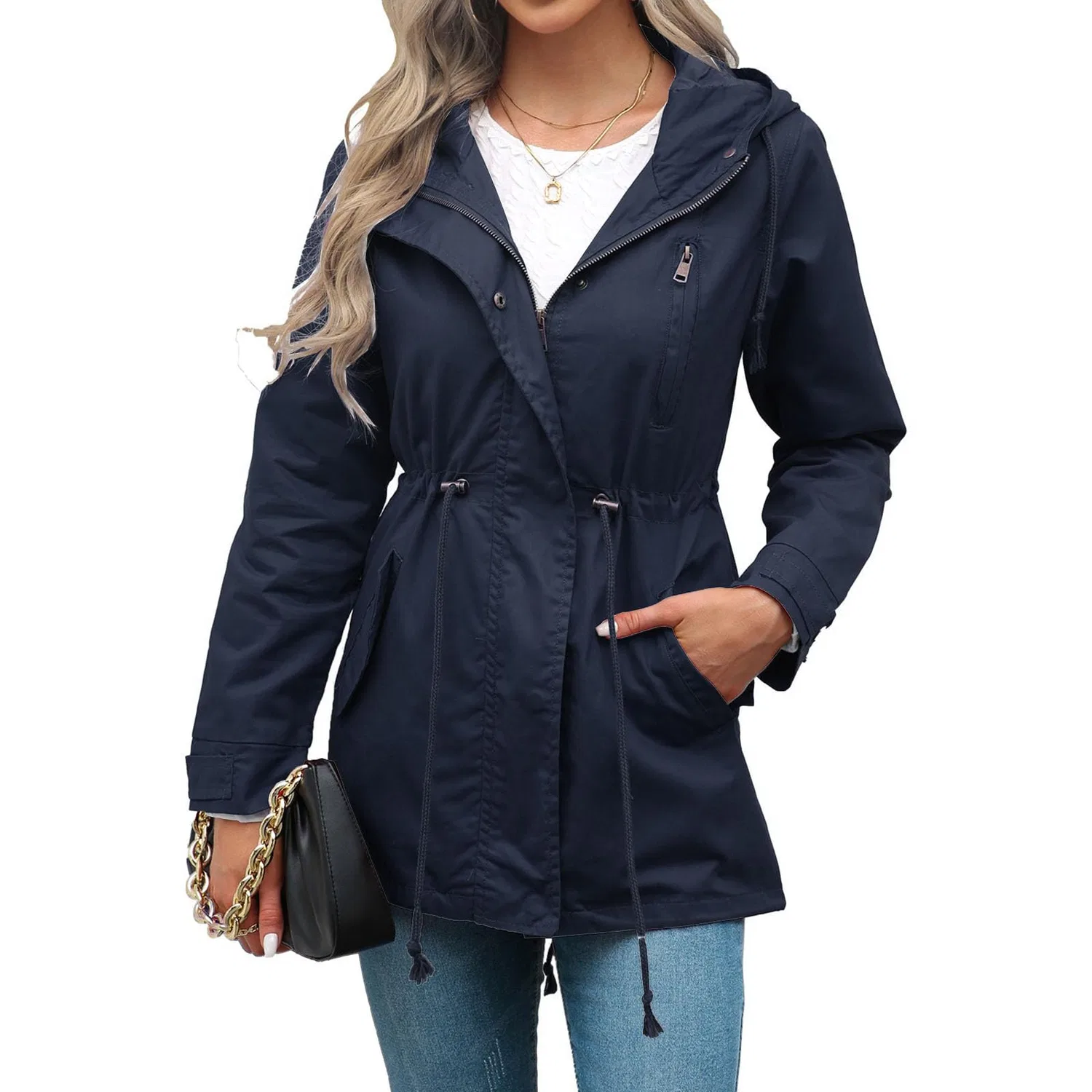 Женская куртка с капюшоном и молнией, на поясе с кулиской, для осени, blue navy