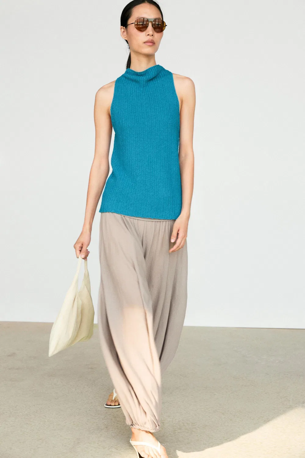 Топ Massimo Dutti Linen Blend Knit Button-detail, бирюзовый — фото 4