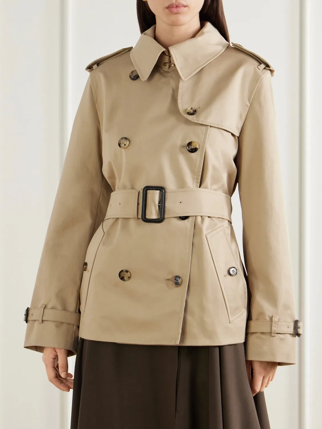Двубортный тренч из хлопковой габардины в клетку с поясом Burberry, бежевый — фото 3