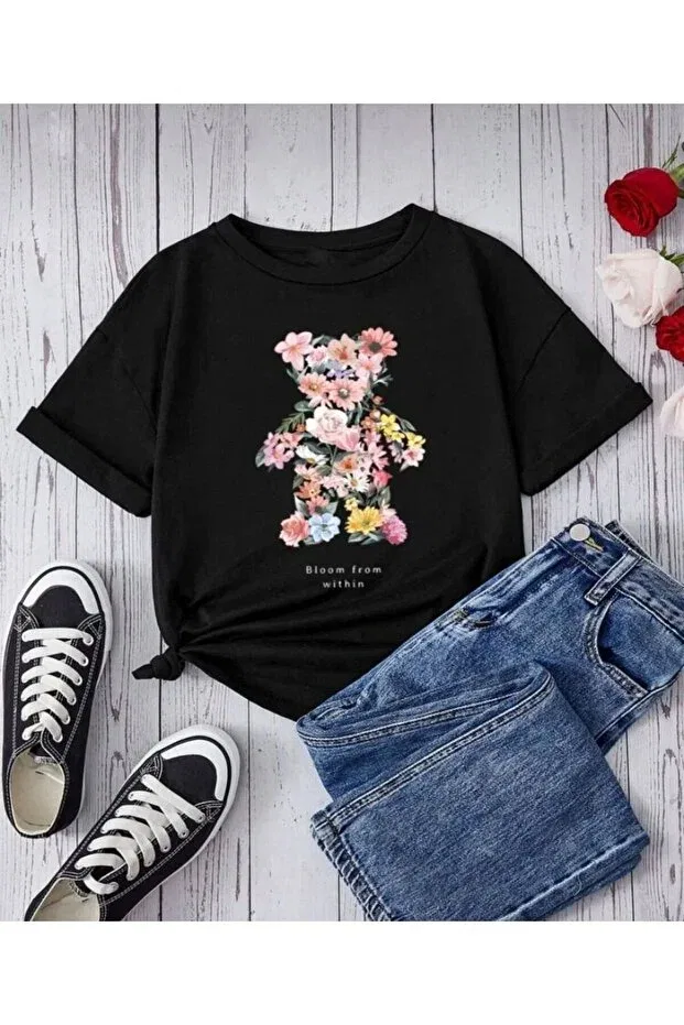 Детская футболка для девочек с принтом Black Floral Teddy Bear Morning Kids, Black