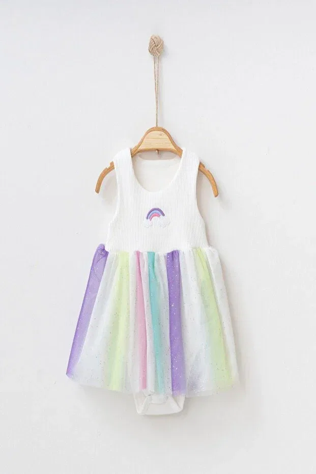 Детское платье для девочек с принтом Rainbow Patterned Tulle Dress Top With Ribbed Sleeveless Summer Bottom With Snap Fastener Bodysuit Dinamik Çocuk, White Rainbow