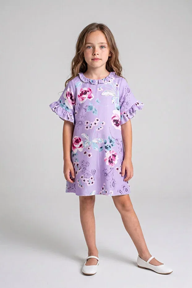 Детское платье для девочек с принтом Lilac ruffle detailed rose patterned Kidyra, Multicolor