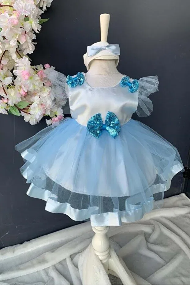 Детское платье для девочек с пайетками Sequin bow satin baby girl mevlütluk dress Mnk Baby&Kids, Blue