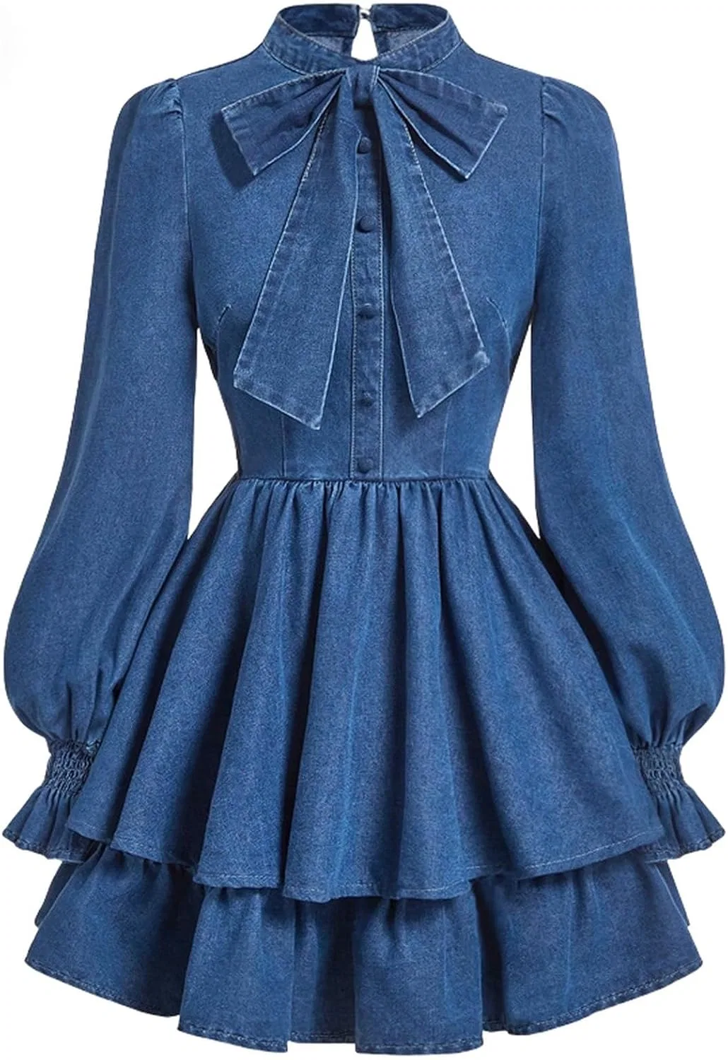 Женское джинсовое мини-платье с бантом Puff Long Sleeve, Blue