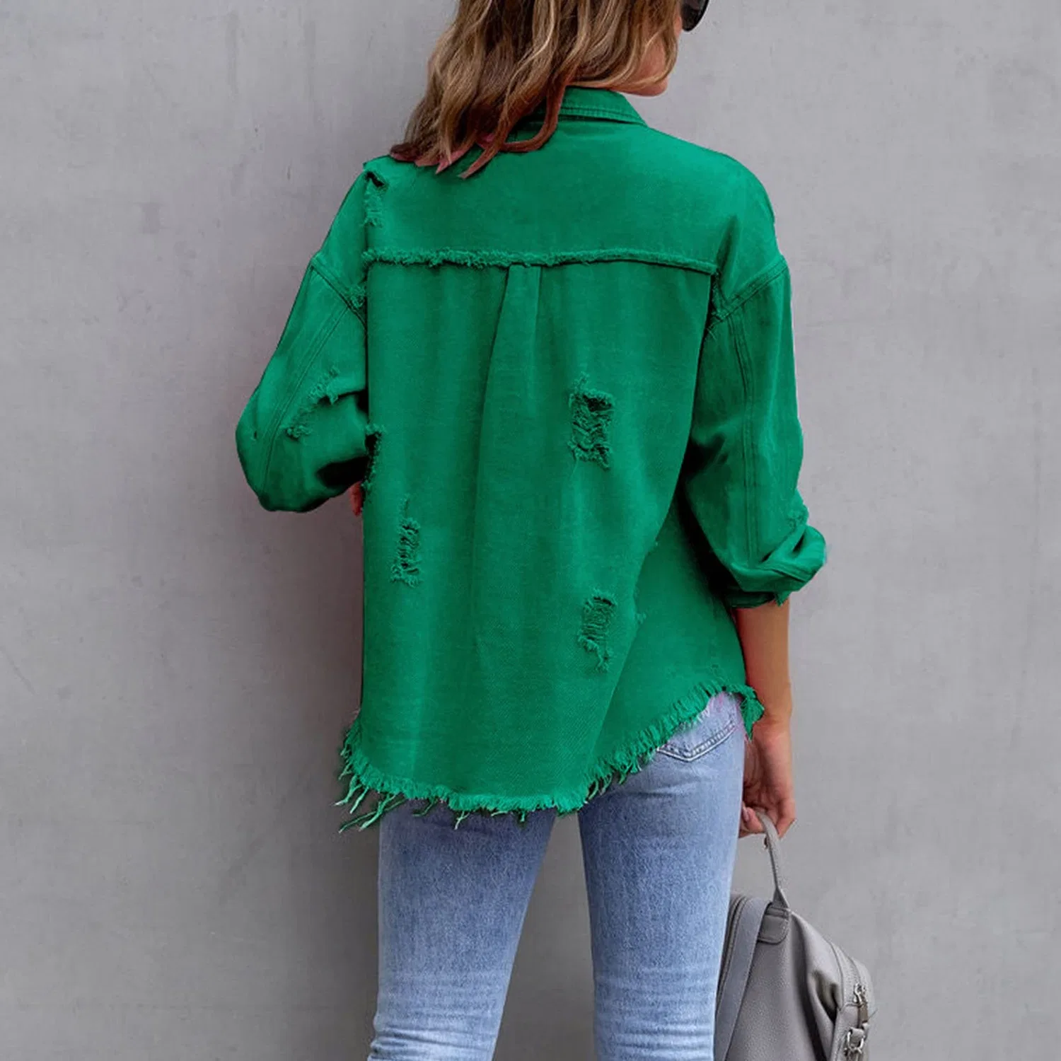 Женская джинсовая куртка с бахромой Oversized Boyfriend Y2k Streetwear, Lake Green — фото 4