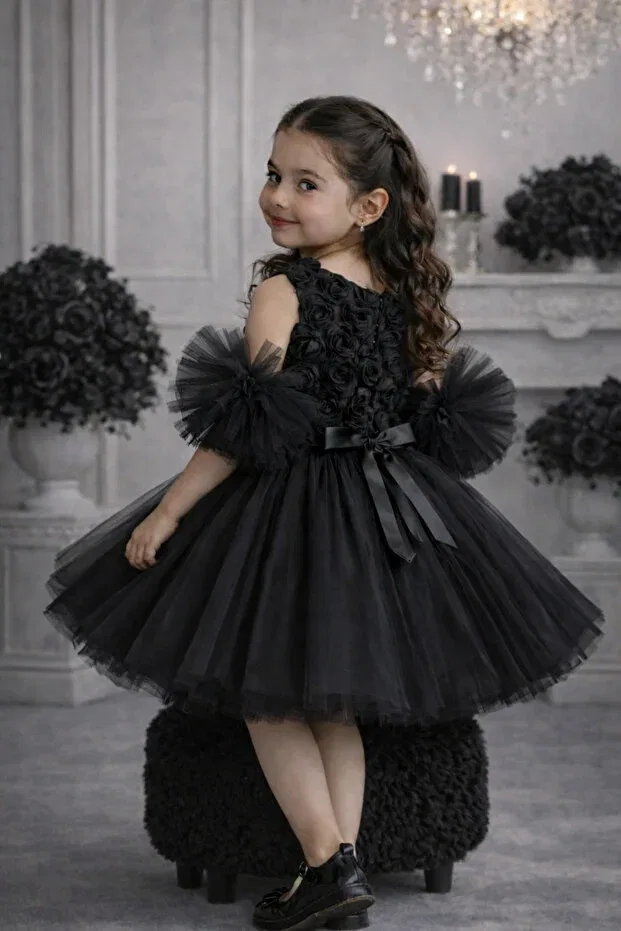 Детское платье для девочек с принтом Pompom Sleeves Rose Patterned Tulle Piece Party And Birthday Dress Evening Dress Mixie, Black — фото 3