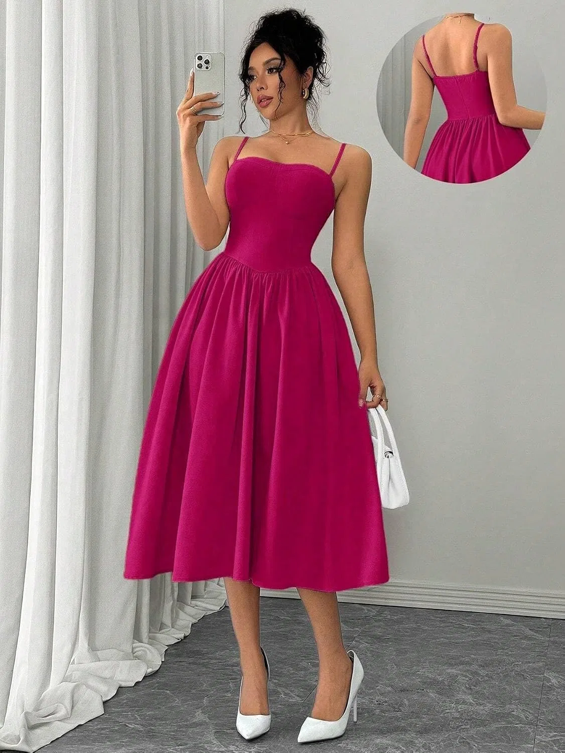 Женское элегантное миди-платье на бретельках с завышенной талией, Hot Pink — фото 4