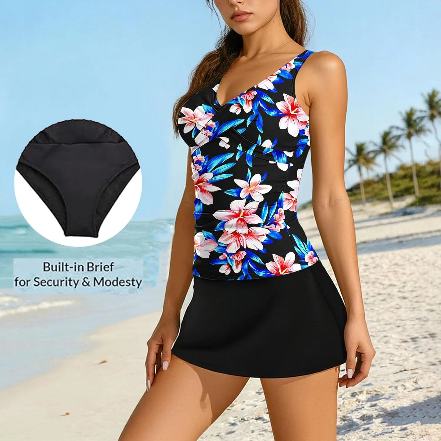 Женский танкини с юбкой для контроля живота Summer Floral Print, Black — фото 3