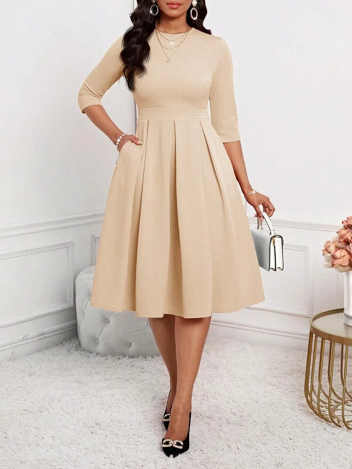 Женское элегантное платье A-силуэта с плиссе, Beige — фото 3