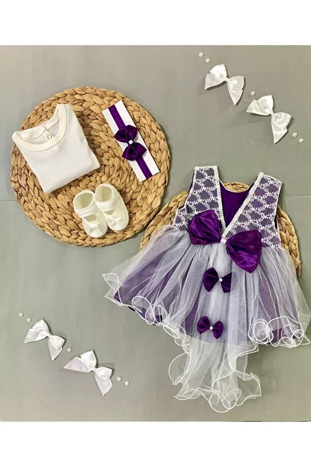 Детское платье для девочек с коротким рукавом Pompom Baby Girl Newborn Gift Mevlüt Dress Petite Ponpon Baby, Purple