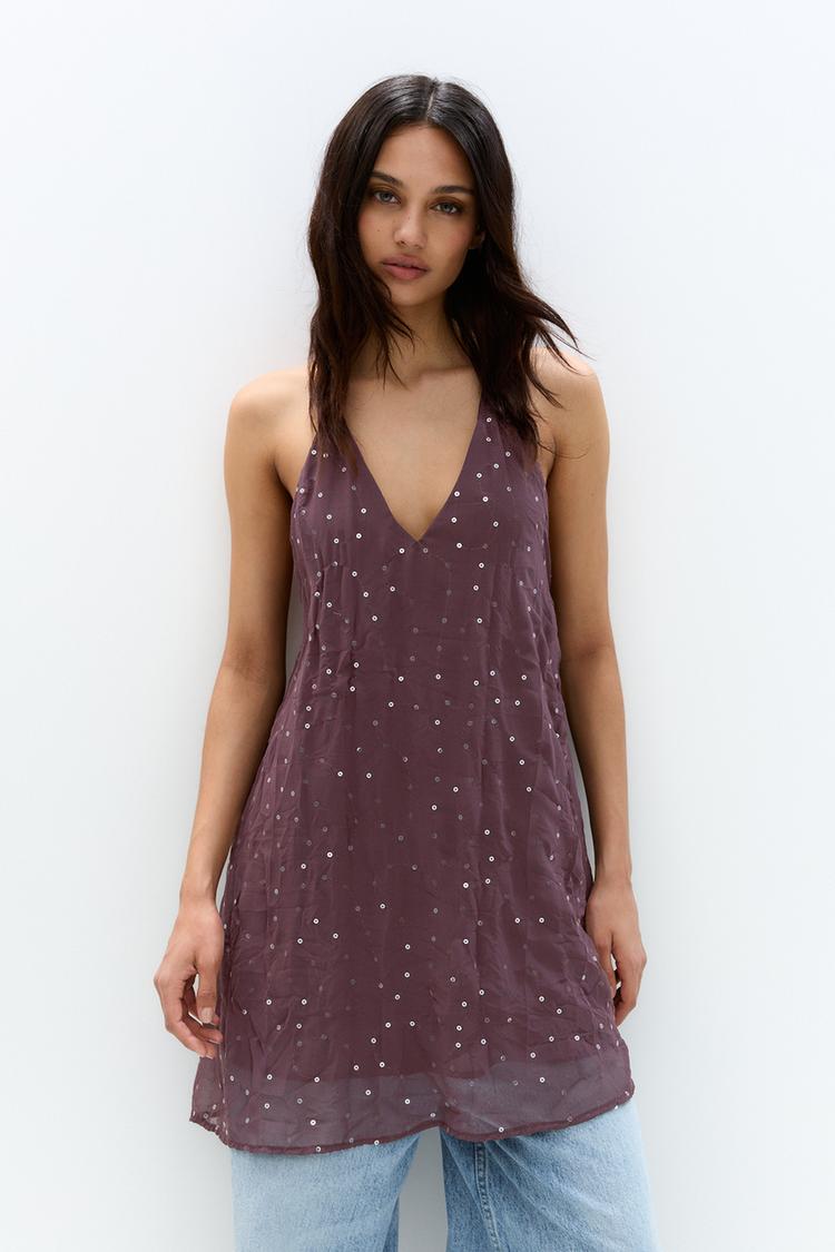 

Короткое платье из тюля с пайетками Pull And Bear, бордовый