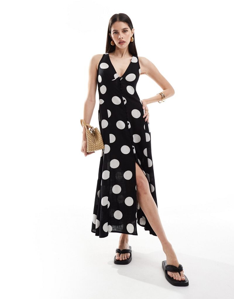 

Льняное платье миди на пуговицах с пышной юбкой в горошек ASOS DESIGN