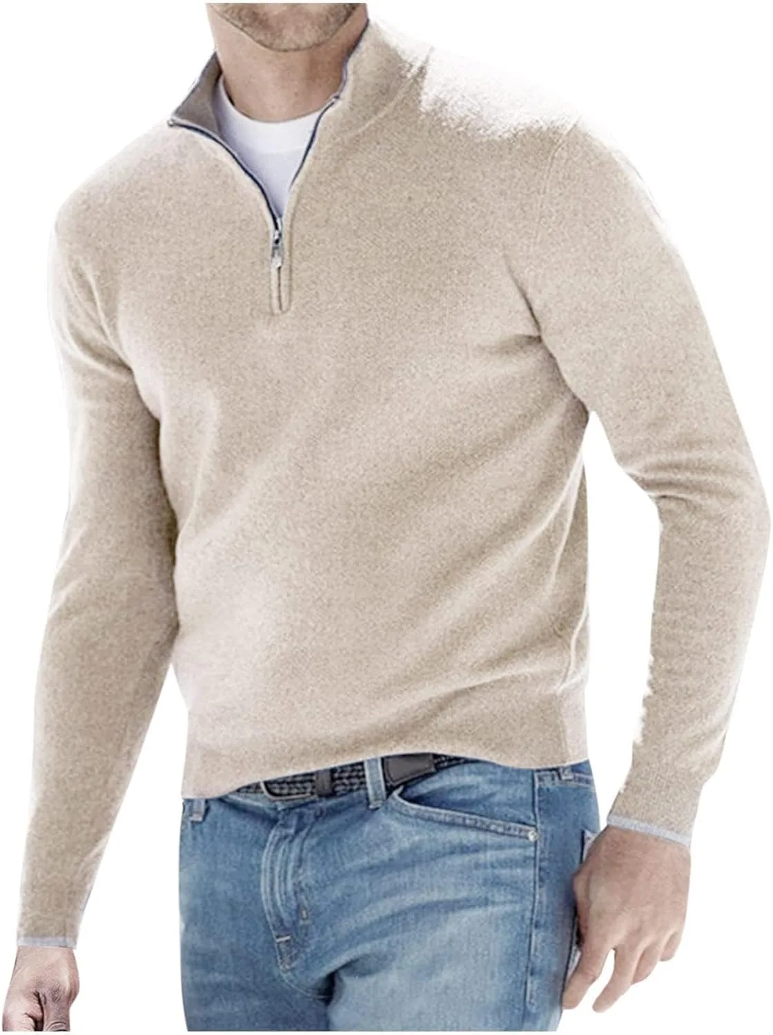 Мужской пуловер с четвертью молнии, Slim-fit легкий вязаный свитер