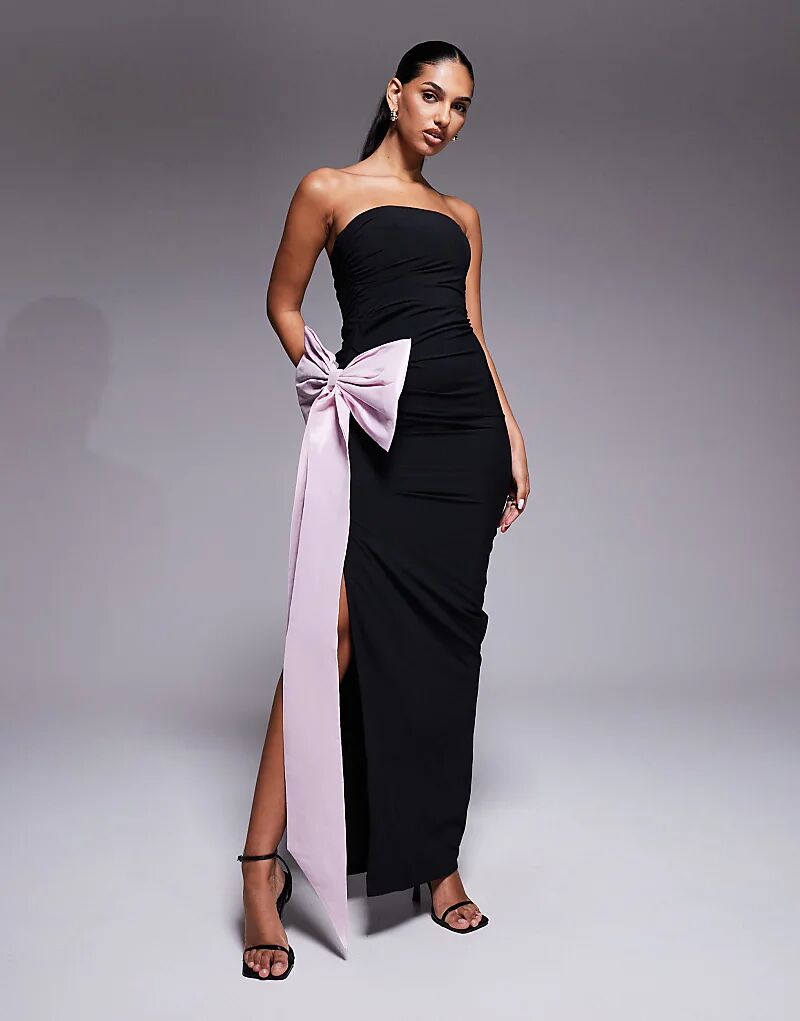 

Платье-бандо макси Oh Polly Angelique черного цвета с розовым бантом