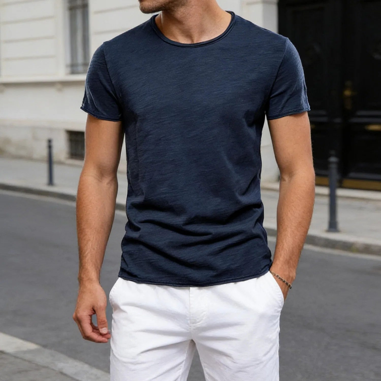 Мужская хлопковая футболка с v-образным вырезом, Navy Blue a — фото 2
