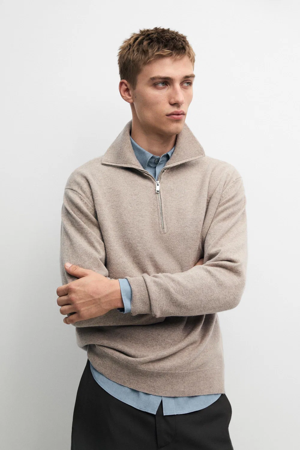 Свитер Massimo Dutti Mock Neck Zip-Up Knit, песочный