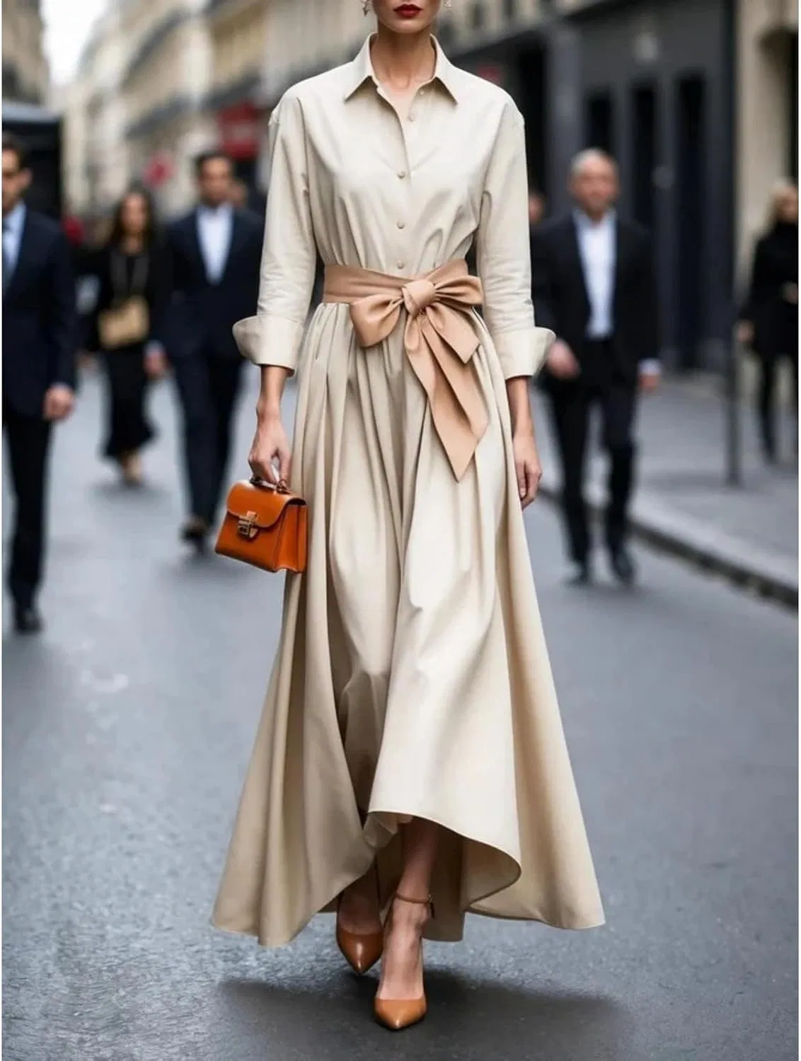 Женское элегантное платье-рубашка с поясом, Beige — фото 2