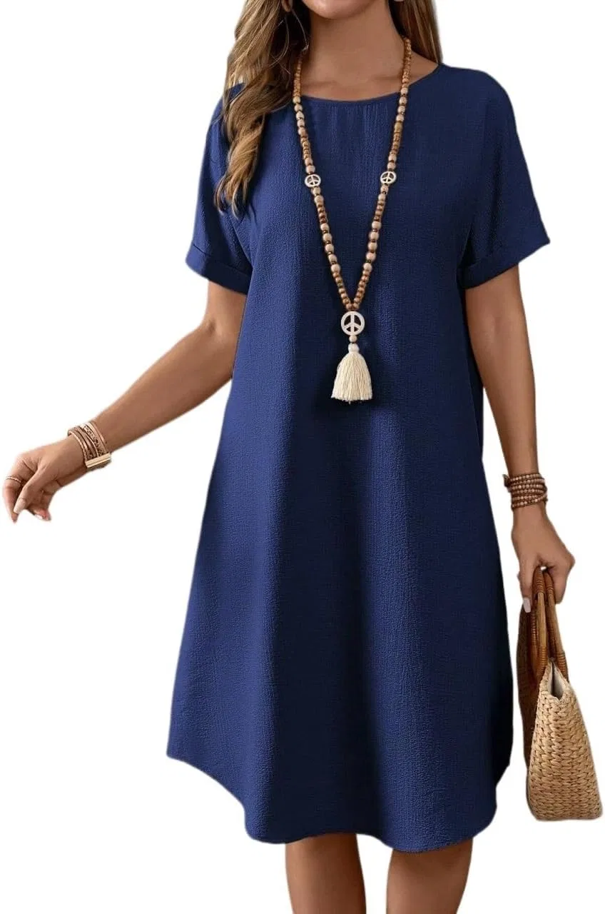 Женское повседневное платье с рукавом летучая мышь для лета, Navy Blue