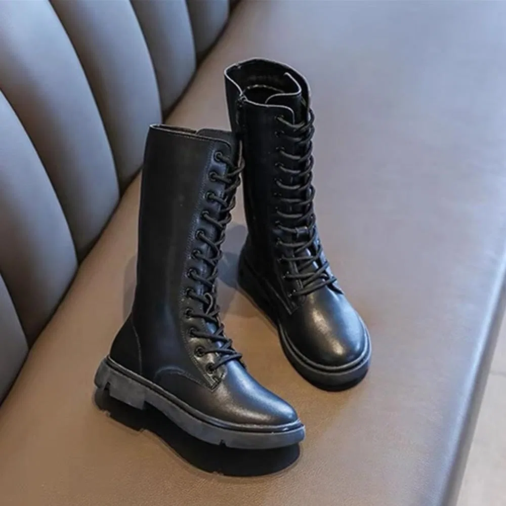 Детские кожаные сапоги для девочек на шнуровке с молнией BININBOX, Black-Conventional Lined — фото 4