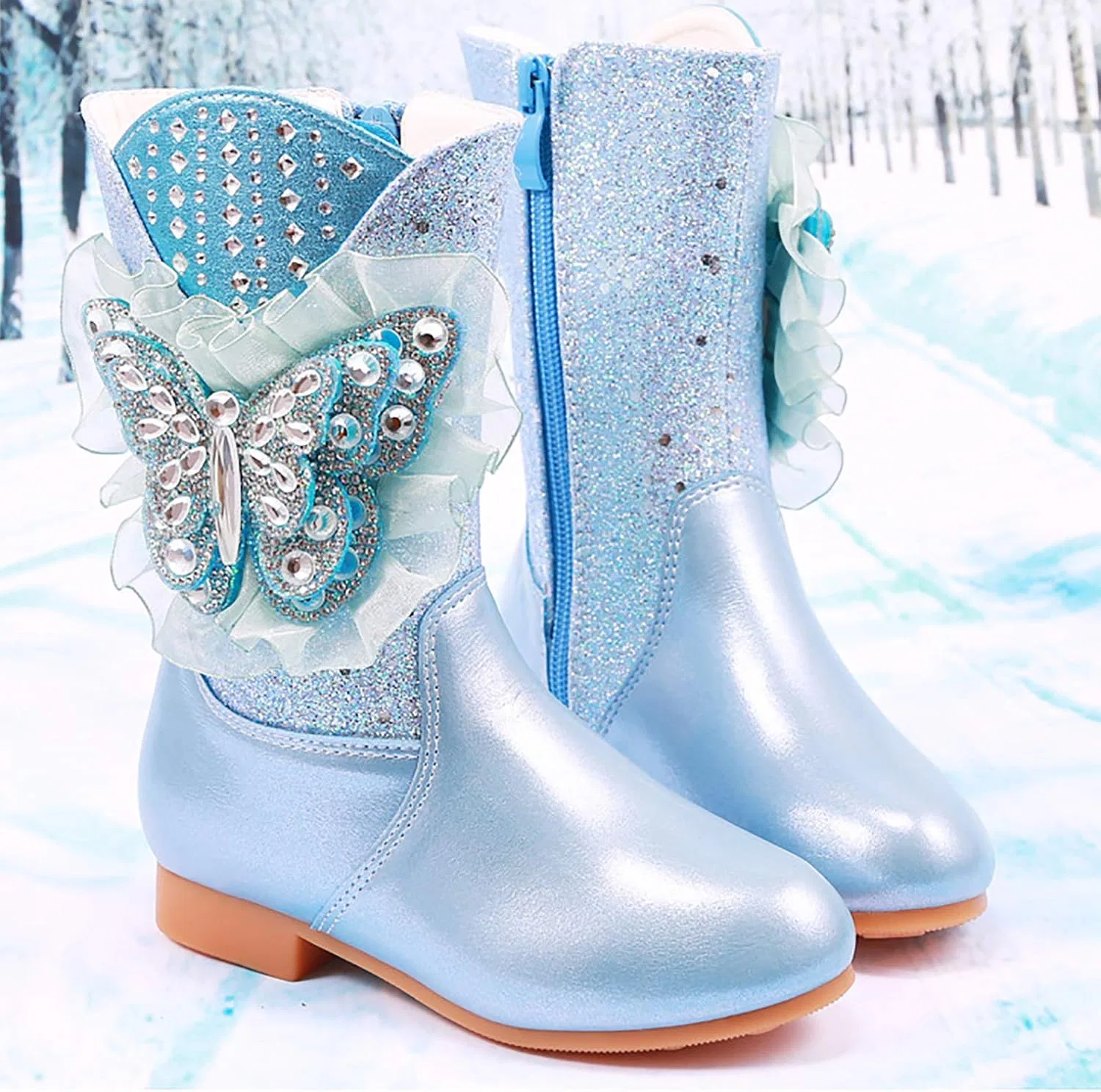 Детские зимние сапоги для девочек с мехом и стразами Sparkle Rhinestone Lace Butterfly Auhoho, Blue — фото 2